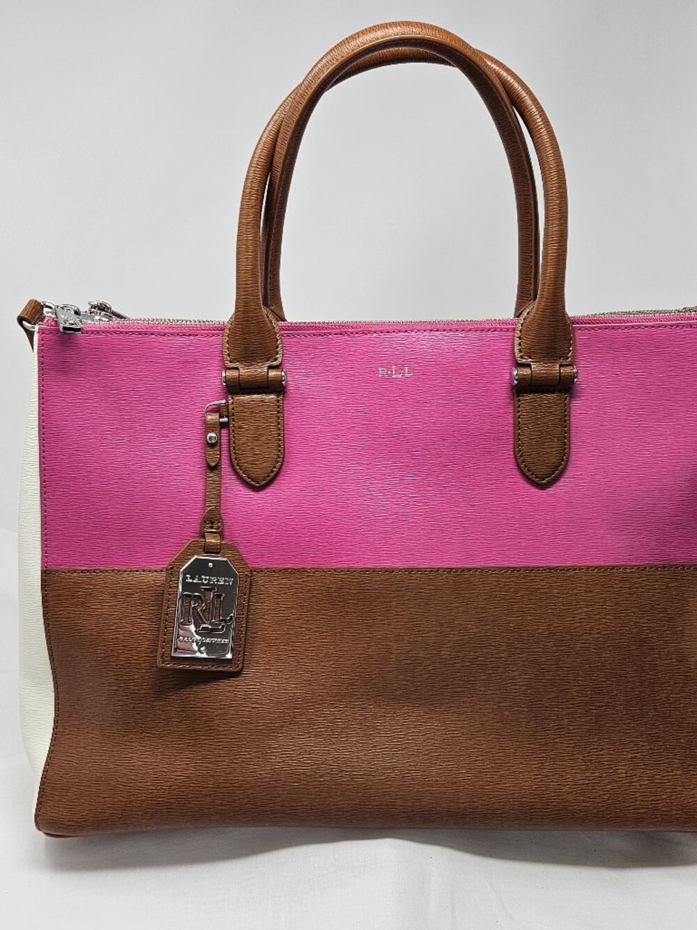 Lauren Ralph Lauren Newbury Tri-Color Leather Handbag - Brown / Vanilla / Rose